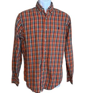 Ralph Lauren Button Down Dress Shirt Medium Classic Fit Orange Blue Plaid Preppy